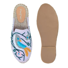 Load image into Gallery viewer, A pair of lavender flats exclusive ladies shoes, against a white background where one is shown from the sole side.
