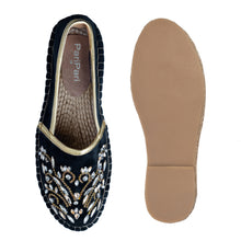 Load image into Gallery viewer, A pair of Diva Black Espadrilles footwear for women, against a white background where one is shown from the sole side.
