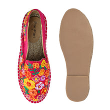 Load image into Gallery viewer, A pair of Bageecha Pink Espadrilles ladies shoes, against a white background where one is shown from the sole side.
