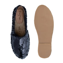 Load image into Gallery viewer, A pair of Sitara Espadrilles Black, against a white background where one is shown from the sole side.
