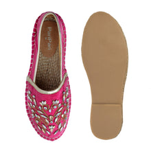 Load image into Gallery viewer, A pair of Diva Rani Pink Espadrilles ladies shoes, against a white background where one is shown from the sole side.
