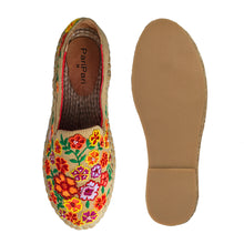 Load image into Gallery viewer, A pair of Bageecha Beige Espadrilles footwear for women, against a white background where one is shown from the sole side.
