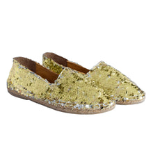 Load image into Gallery viewer, An image a pair of Sitara Espadrilles Gold, footwear for women kept in a different position.
