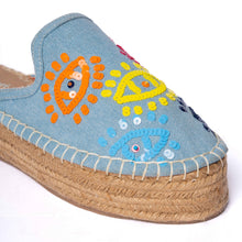 Load image into Gallery viewer, Joie Evil Eye Espadrilles Denim Platforms
