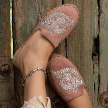 Load image into Gallery viewer, Feet of a model wearing beautiful Ottoman Blush Pink Espadrilles Platform showcasing juttis for women 
