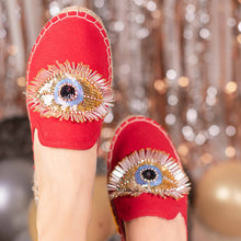 Load image into Gallery viewer, Feet of women wearing a Glare Espadrilles Crimson Evil-Eye Flat, shoes for Women
