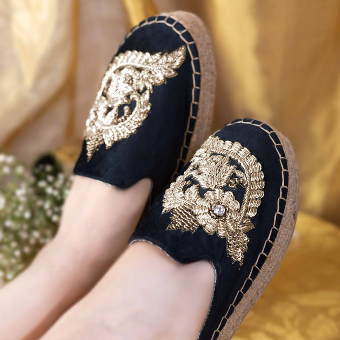 Image of the Designer Ottoman Espadrilles Black Haut Platform, Shoes for women against a gold background