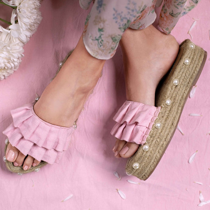 A feet of lady wearing a Majorica Sandals Blush Pink Ladies Flat, footwear for women