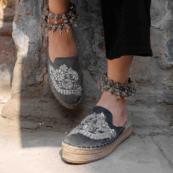 Feet of a model wearing beautiful Ottoman Silver Espadrilles Platform showcasing footwear for women with Payals in both the legs