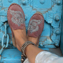 Load image into Gallery viewer, Feet of a model wearing beautiful Ottoman Blush Pink Espadrilles Flats showcasing juttis for women
