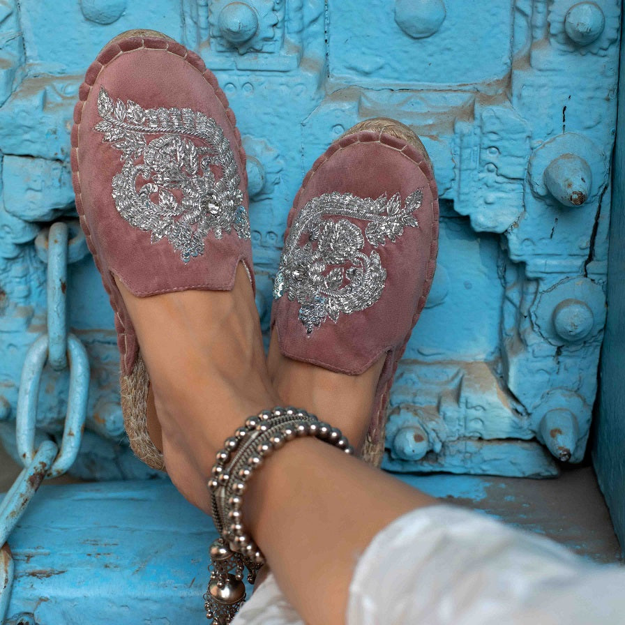 Feet of a model wearing beautiful Ottoman Blush Pink Espadrilles Flats showcasing juttis for women