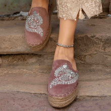Load image into Gallery viewer, Feet of a model wearing beautiful Ottoman Blush Pink Espadrilles Platform showcasing juttis for women with a kada in the right leg standing on a staircase
