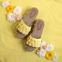 Load image into Gallery viewer, Image of the Majorica Sandals Yellow- Office Wear Ladies Footwear in a yellow floral background
