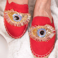 Load image into Gallery viewer, Image of Glare Espadrilles Crimson Evil-Eye Flat, Shoes for women on a white cloth
