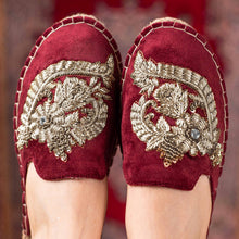 Load image into Gallery viewer, A feet of lady wearing a Ottoman Espadrilles Burgundy Flat for Marriage, shoes for Women
