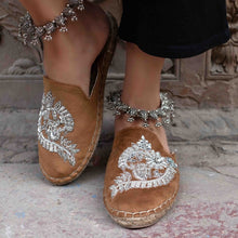 Load image into Gallery viewer, Feet of a model wearing beautiful Ottoman Tan Espadrilles Flats showcasing juttis for women with a kada in the right leg standing on a staircase
