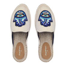 Load image into Gallery viewer, a pair of Hamsa off-white espadrilles platforms having evil eye protector design, kept on a white background
