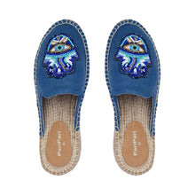 Load image into Gallery viewer, a pair of Hamsa Blue espadrilles flats having evil eye protector design on a white background
