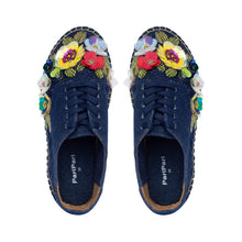 Load image into Gallery viewer, A pair of blue espadrilles decorated with colorful flowers on a white background. 
