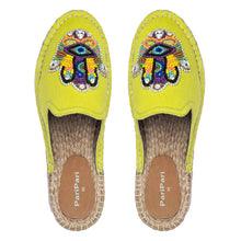 Load image into Gallery viewer, a pair of Hamsa green espadrilles flats having evil eye protector design, kept on a white background.
