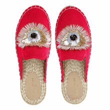 Load image into Gallery viewer, A pair of Glare Espadrilles Crimson Evil-Eye Flat, juttis for women against a white background
