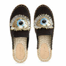 Load image into Gallery viewer, A pair of Evil Eye Glare Espadrilles Charcoal Flat, juttis for women against a white background
