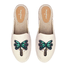 Load image into Gallery viewer, A pair of coco off-white espadrilles platform with a green palm tree on top of it lying on a white background
