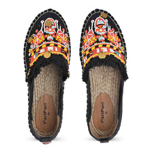 Load image into Gallery viewer, A pair of Masai Beaded Espadrilles Blacks showcasing juttis for women against a white background
