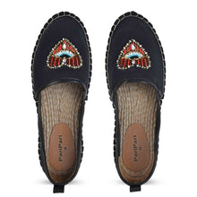 Load image into Gallery viewer, A pair of Sweetheart Espadrilles ladies shoes having evil eye protector design kept against a white background
