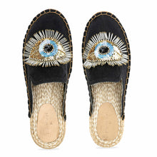 Load image into Gallery viewer, A pair of Sleek Evil Eye Glare Espadrilles Charcoal Haut Platform, juttis for women against a white background

