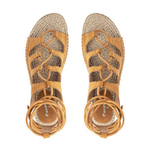 Load image into Gallery viewer, Photo of a pair of tan Gladiator Sandals, featuring multiple straps on a white background.
