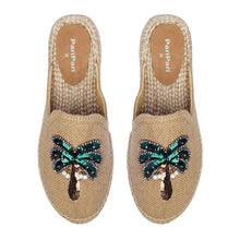Load image into Gallery viewer, A pair of Coco Beige Espadrilles with palm tree design featuring juttis for women kept on a white background
