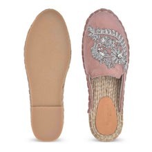 Load image into Gallery viewer, A pair of Ottoman Blush Pink Espadrilles Flats showcasing juttis for women against a white background where one Espadrilles is shown from the sole side
