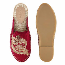 Load image into Gallery viewer, A pair of Ottoman Espadrilles Burgundy Haut -Bridal Looks Platform, shoes for women, against a white background where one is shown from the sole side
