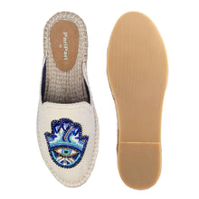 Load image into Gallery viewer, a pair of Hamsa off-white espadrilles flats having evil eye protector design, one view facing forward and the other view facing backwards on a white background.
