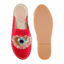 Load image into Gallery viewer, A pair of Glare Espadrilles Crimson Fancy Haut Platform, against a white background where one is shown from the sole side
