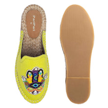 Load image into Gallery viewer, a pair of Hamsa green espadrilles platform having evil eye protector design, one view facing forward and the other view facing backwards on a white background.
