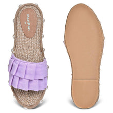 Load image into Gallery viewer, A pair of Majorica Sandals Lavender Open Toe, against a white background where one is shown from the sole side
