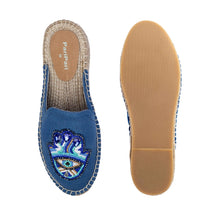 Load image into Gallery viewer, a pair of Hamsa Blue espadrilles flats having evil eye protector design, one view facing forward and the other view facing backwards on a white background
