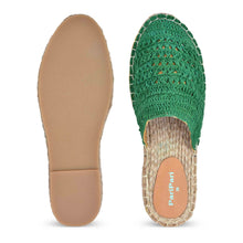 Load image into Gallery viewer, A pair of Croshia Green Espadrilles Platform flats showcasing shoes for women against a white background where one Espadrilles is shown from the sole side
