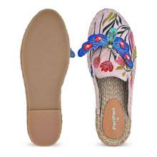 Load image into Gallery viewer, A pair of Papillon Espadrilles Flats showcasing juttis for women against a white background where one Espadrilles is shown from the sole side
