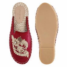 Load image into Gallery viewer, A pair of Ottoman Espadrilles Burgundy Flat for Marriage, against a white background where one is shown from the sole side
