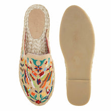 Load image into Gallery viewer, A pair of Environment-Friendly Diego Espadrilles Sand Haut Platform, against a white background where one is shown from the sole side
