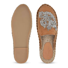 Load image into Gallery viewer, A pair of Ottoman Tan Espadrilles Flats showcasing juttis for women against a white background where one Espadrilles is shown from the sole side
