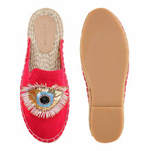 Load image into Gallery viewer, A pair of Glare Espadrilles Crimson Evil-Eye Flat, against a white background where one is shown from the sole side
