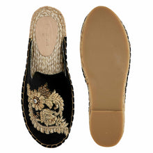 Load image into Gallery viewer, A pair of Designer Ottoman Espadrilles Black Haut Platform, shoes for women, against a white background where one is shown from the sole side
