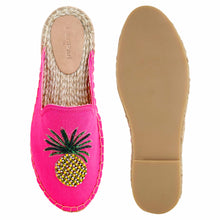 Load image into Gallery viewer, A pair of Ananas Espadrilles Haut Women Fancy Platform, against a white background where one is shown from the sole side
