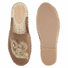 Load image into Gallery viewer, A pair of Ottoman Espadrilles Golden Party Footwear, against a white background where one is shown from the sole side
