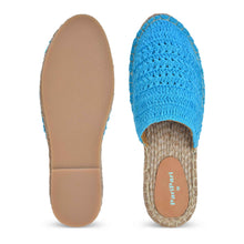 Load image into Gallery viewer, A pair of Croshia Blue Espadrilles Platform showcasing shoes for women against a white background where one Espadrilles is shown from the sole side
