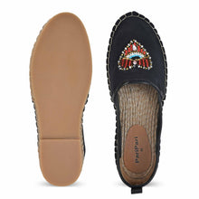 Load image into Gallery viewer, A pair of Sweetheart Espadrilles ladies shoes having evil eye protector design kept against a white background with one shoe shown from its sole side
